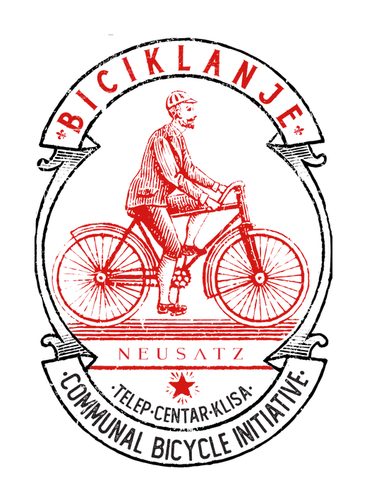 Neusatz: Biciklanje, Neusatz Communal Bicycle Initiative: a man on an old bicycle in red, framed print