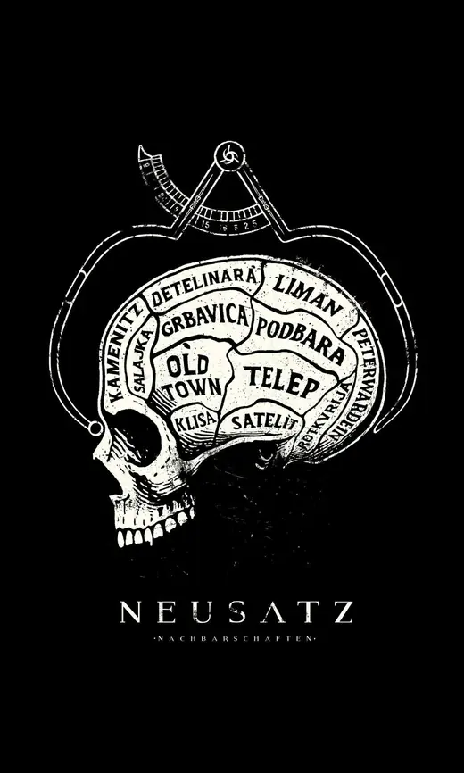 Neusatz: Phrenology skull with the boroughs of Neusatz mapped on the brain
