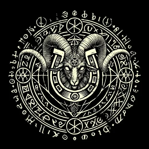 Neusatz: Iron Ward: a goat head inside a ring of runes and symbols, cream on black