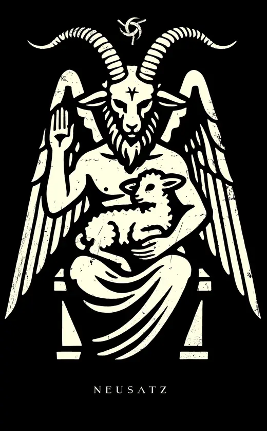 Neusatz: Duality Throne: a horned figure on a throne holding a lamb, signed Neusatz