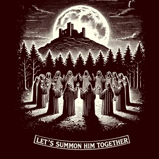 Neusatz: Moonlit Ritual: hooded figures in a circle under a full moon and a ruined fort, Let's summon him together