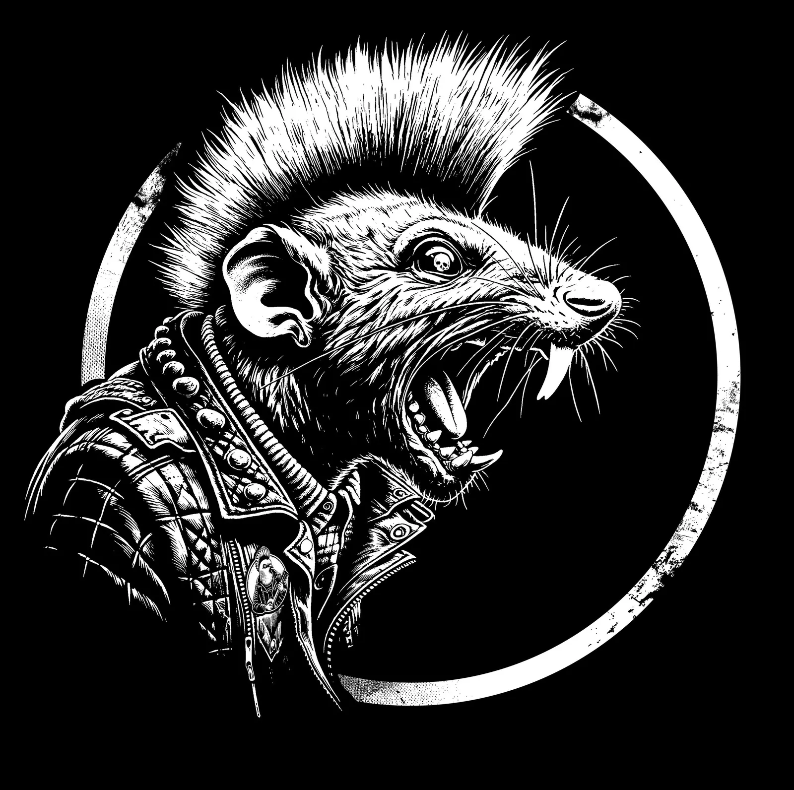 Neusatz: Ratz emblem: a screaming rat with a mohawk in a ring, cream on black