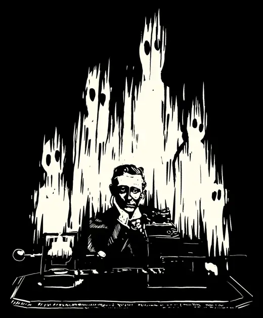 Neusatz: Marconi's Ghosts: a man at a radio set with ghostly figures rising behind him, cream on black