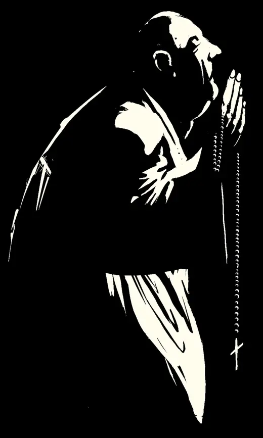 Neusatz: Prayer: a hooded figure with hands raised, cream on black