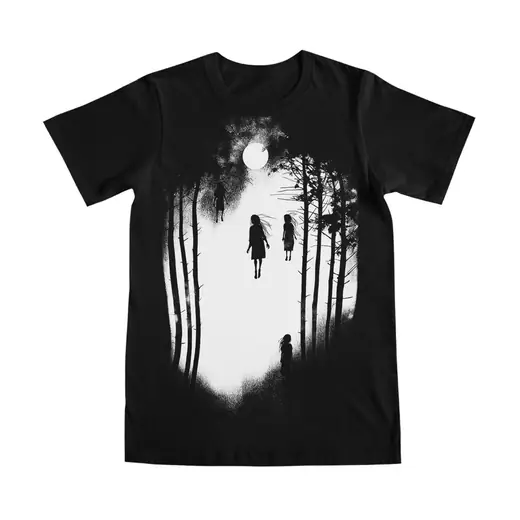 Neusatz: The Sisters print on a black T-shirt: two girls walking through a white forest