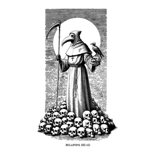 Neusatz: Death Defier, full composition: the plague doctor on a pile of skulls, Belafons 1353 AD