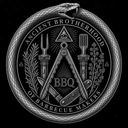 Neusatz: Ancient Brotherhood of Barbecue Makers emblem: crossed fork and spatula in a serpent ring