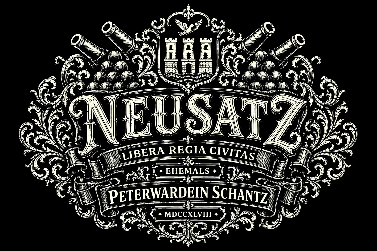Neusatz: Neusatz Libera Regia Civitas, ehemals Peterwardein Schantz: ornate back print, cream on black