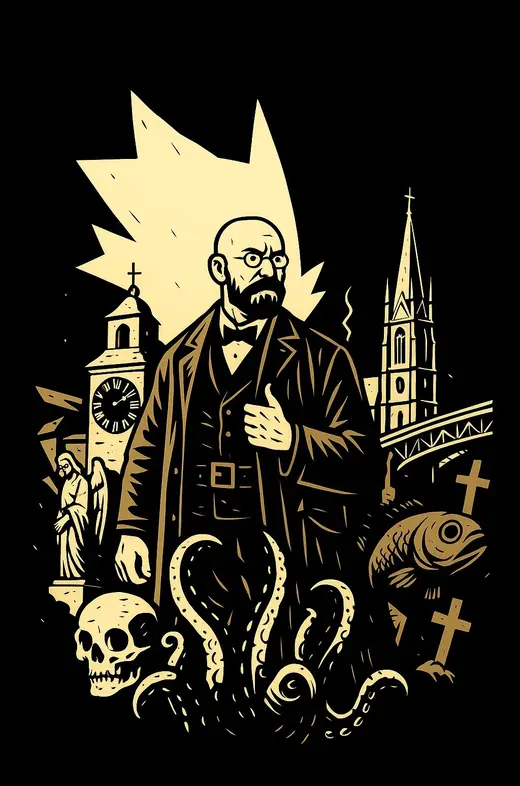 Neusatz: The Author: a bearded man in a frock coat before the towers of Neusatz, skulls and tentacles at his feet