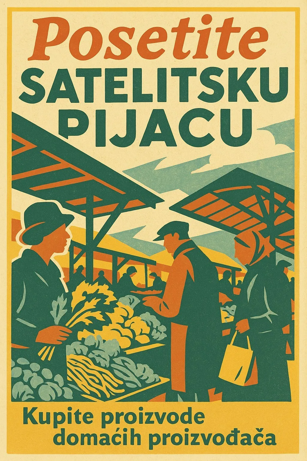 Neusatz: Retro poster: Posetite Satelitsku Pijacu, people buying vegetables at the Satelit market