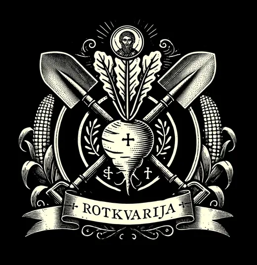 Neusatz: Rotkvarija crest: a radish with crossed shovels, cream on black