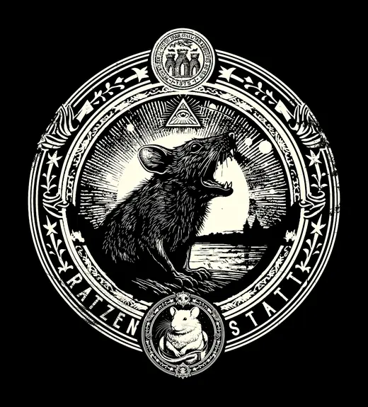 Neusatz: Ratzenstatt crest: a rat in a round seal, cream on black