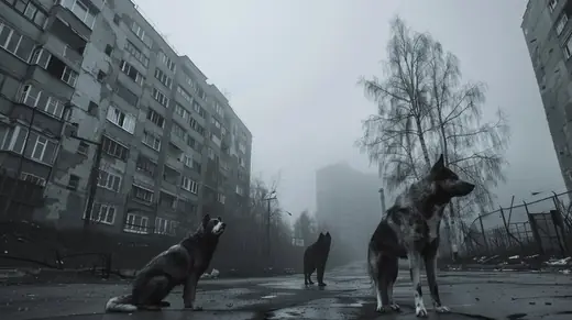 Neusatz: Feral dogs on an empty street between tower blocks