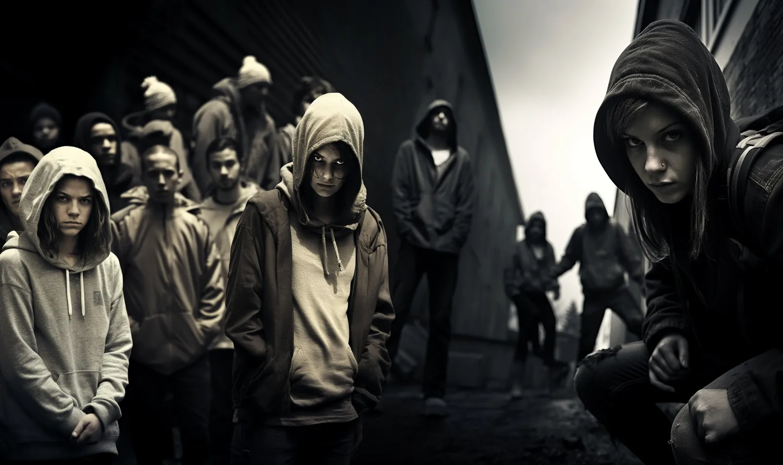 Neusatz: Maymunatz crew: hooded teenagers under a concrete wall