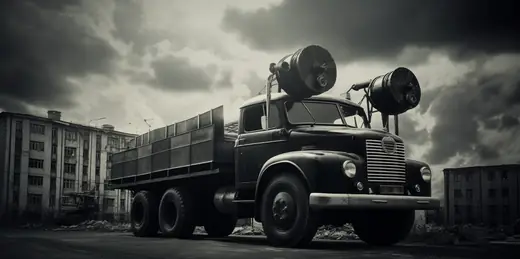 Neusatz: An old truck with loudspeakers between tower blocks