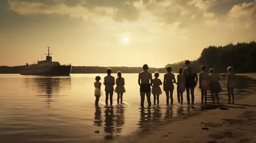 Neusatz: Swimmers on the Strand beach at sunset