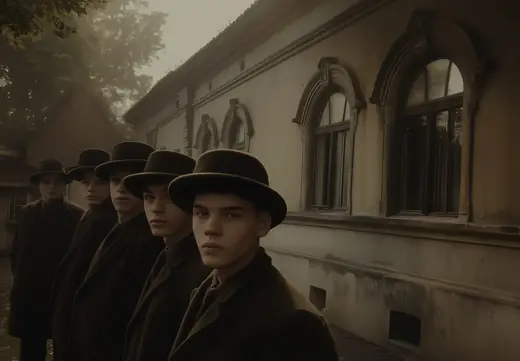 Neusatz: Young men in hats in front of an old Rotkvarija house