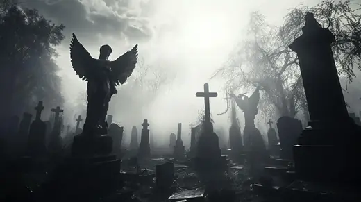 Neusatz: An angel statue in the fog of Ascension Graveyard
