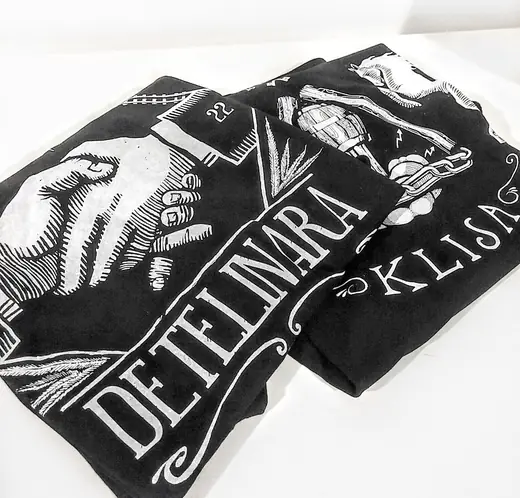 Neusatz: Printed Detelinara and Klisa T-shirts laid out on a white surface, 2015