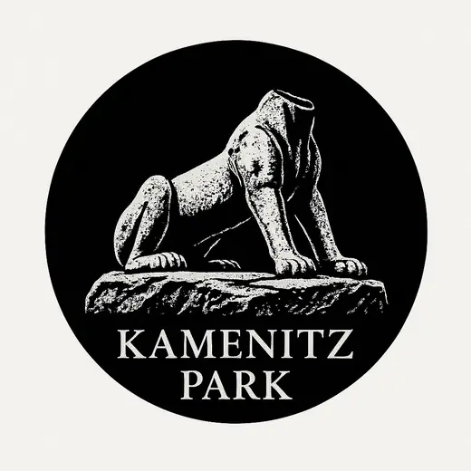 Neusatz: Kamenitz Park emblem: the sphinx statue of Kamenicki park in a black circle