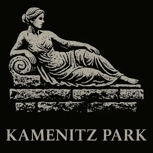 Neusatz: Kamenitz Park label: a reclining stone figure from the park, cream on black
