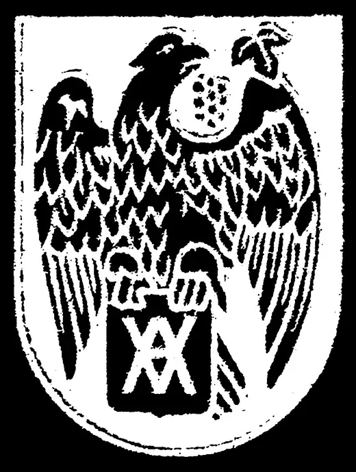 Neusatz: Adamovich's Settlement crest: an eagle over a monogram shield, cream on black