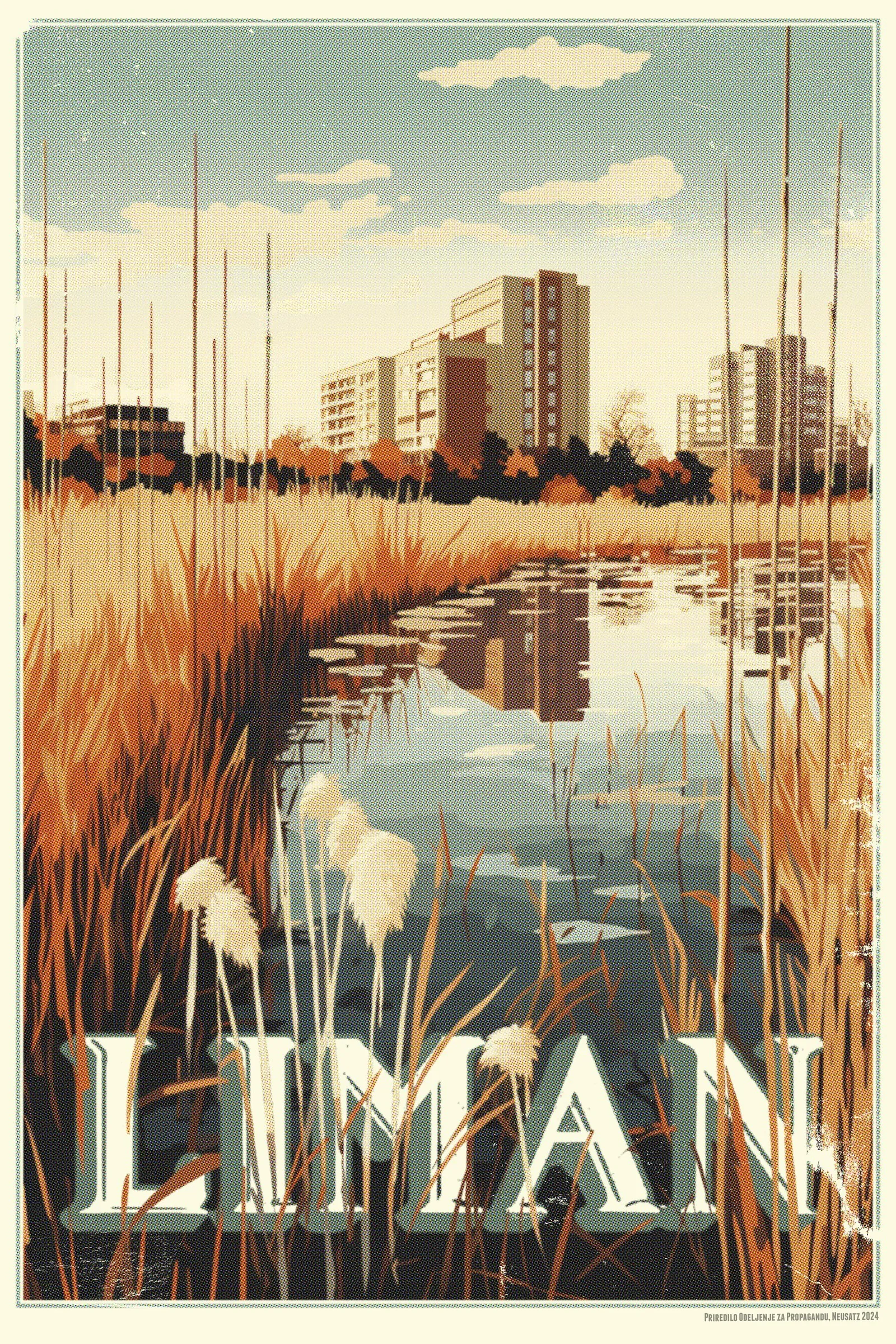 Neusatz: Visit Liman travel poster: reeds and a pond before the Liman tower blocks