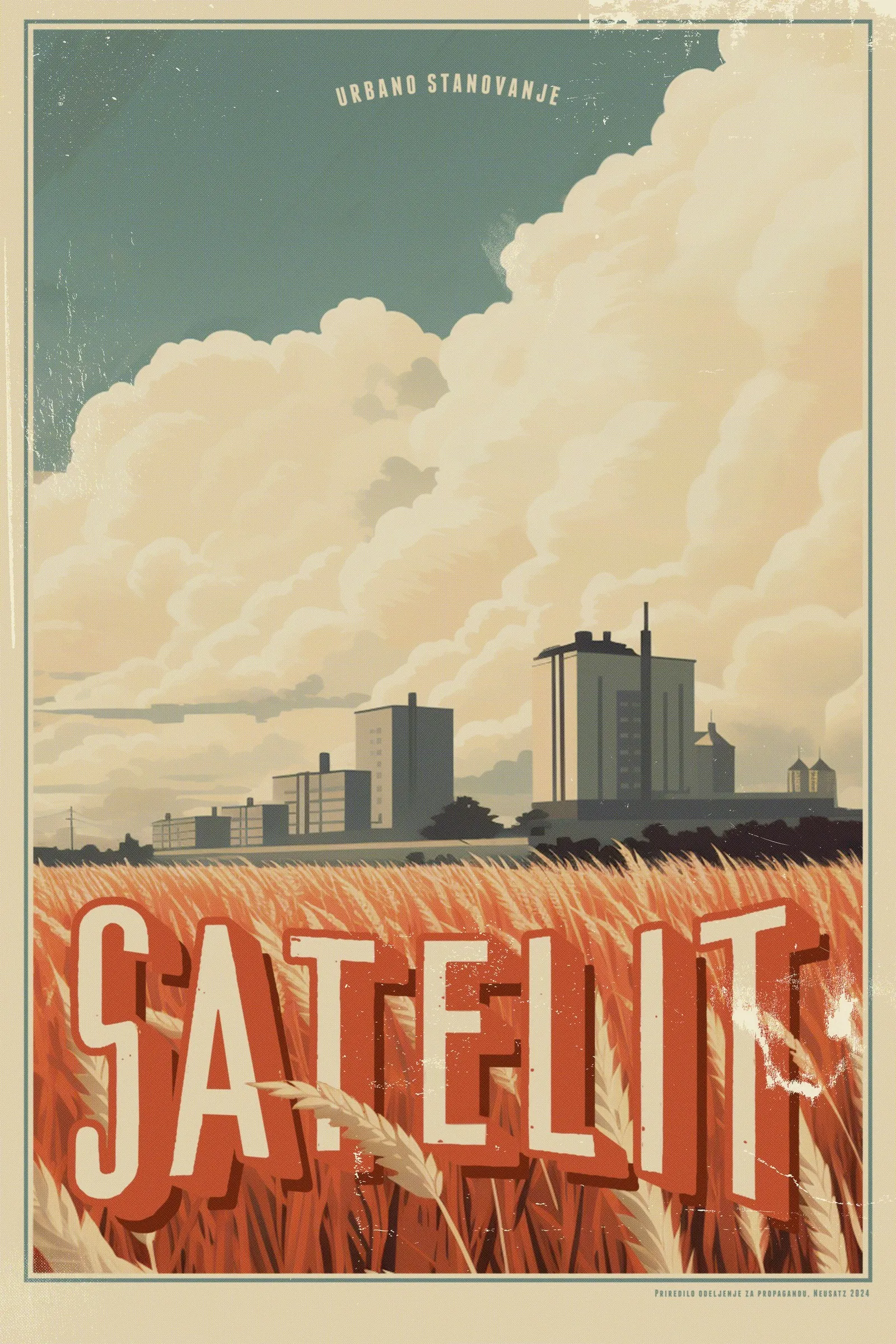 Neusatz: Satelit travel poster: tower blocks behind a wheat field under big clouds