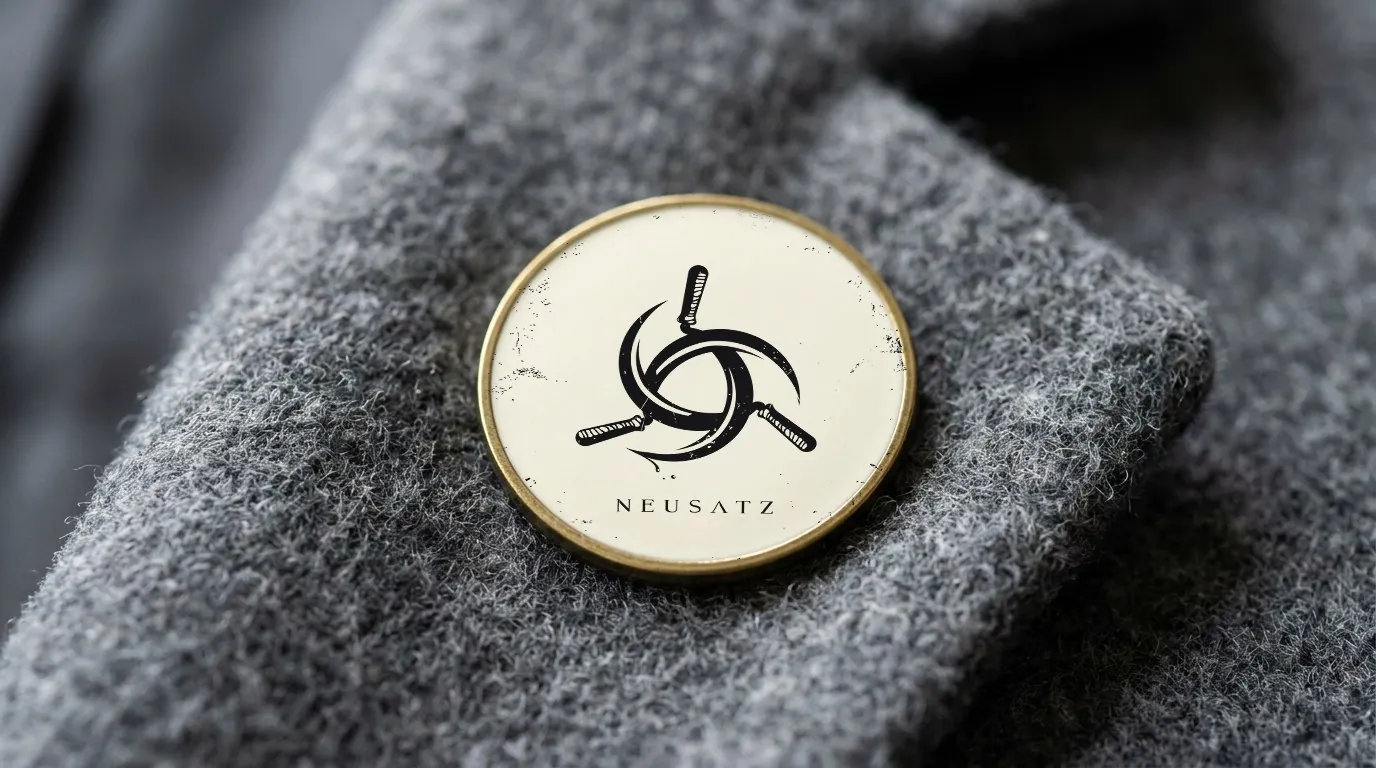Neusatz: the three sickles mark and the Neusatz wordmark on a round cream enamel pin with a gold rim, on the lapel of a grey wool coat, close up