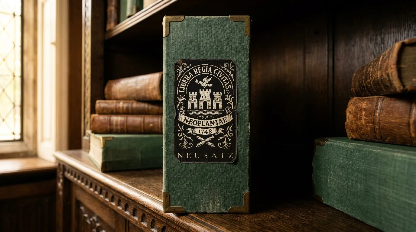 Neusatz: the Neusatz city crest, Libera Regia Civitas Neoplantae 1748, printed edge to edge in cream on black on a worn paper label glued to a green linen archive box with brass corners, on a carved oak shelf in an old Habsburg-era archive