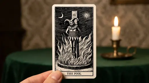 Neusatz: The Fool, the tarot-style engraving of a jester bound to a stake in the flames, printed on a tarot card held up by candlelight beside a fortune teller's green velvet table in an old Austro-Hungarian parlour