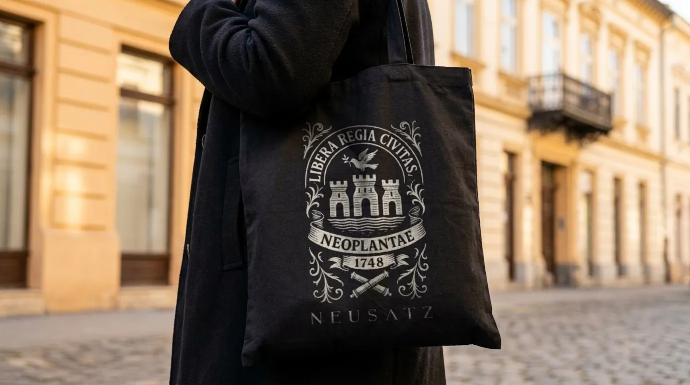 Neusatz: the Neusatz city crest, Libera Regia Civitas Neoplantae 1748, screen printed in cream on a black canvas tote carried on the shoulder down a cobbled street of Austro-Hungarian facades in Novi Sad