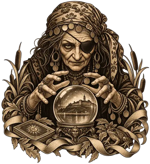 Illustration: a fortune teller with a crystal ball