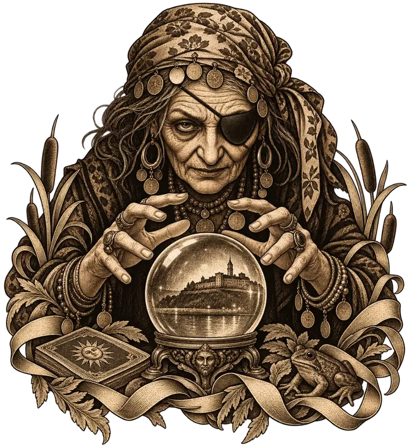 Illustration: a fortune teller with a crystal ball