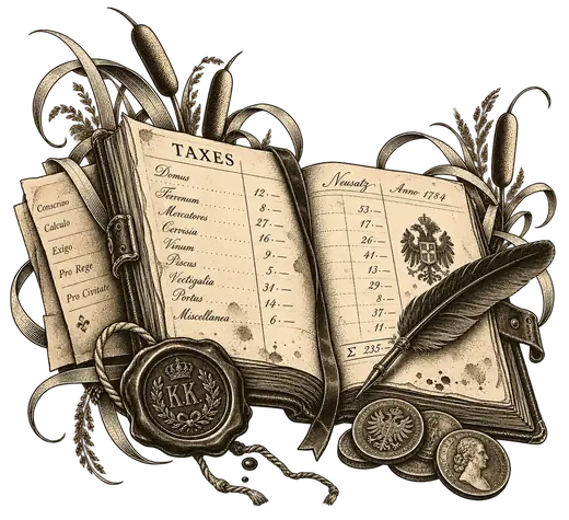 Illustration: a tax ledger with seals and coins