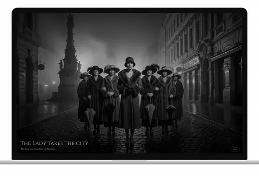 The Lady takes the city: women in long coats walk down a rainy street