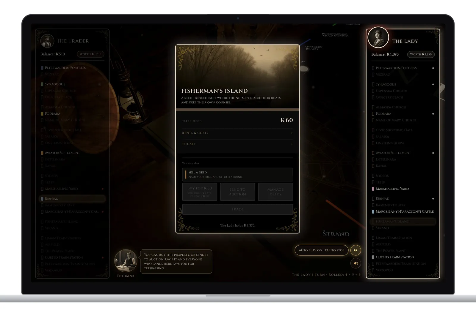 The deed for Fisherman's Island, 60 crowns, on a laptop