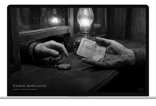 A mortgage scene on a laptop: banknotes passed across a table by lamplight