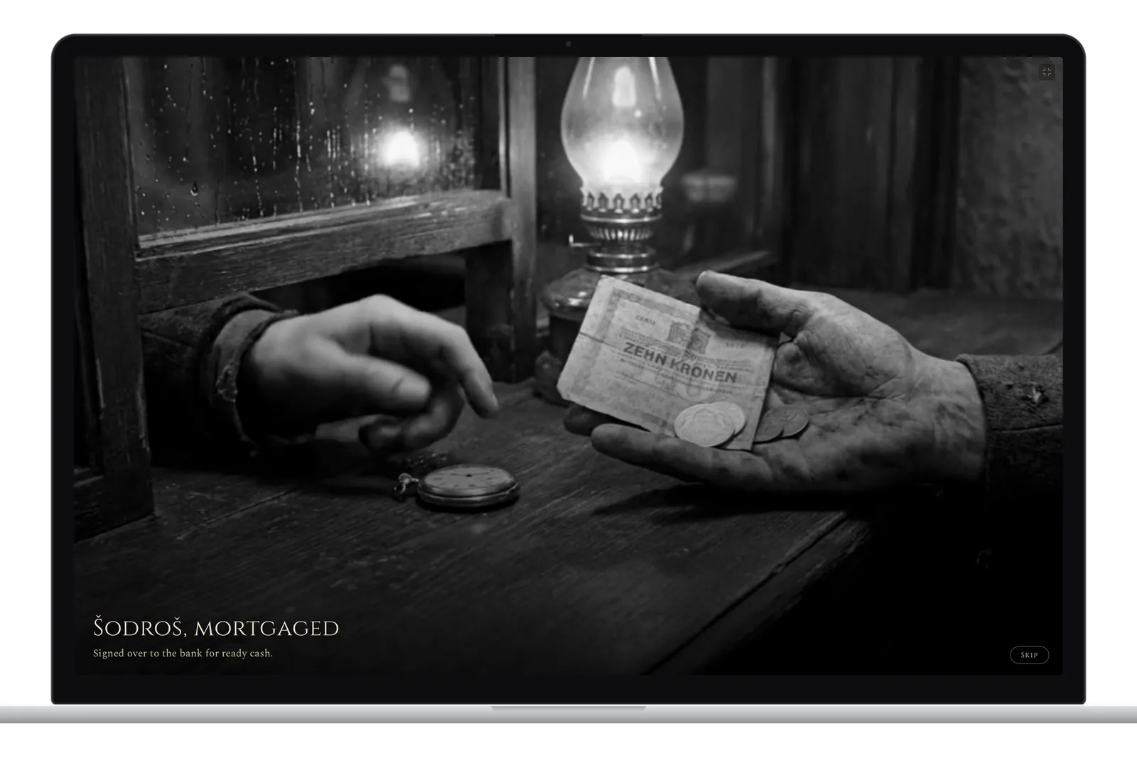 A mortgage scene on a laptop: banknotes passed across a table by lamplight