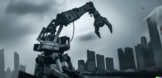 black and white illustration of a construction machinery, ruins of the city in the background