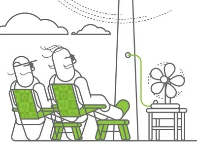 New Style: Line illustration of two people on garden chairs with a laptop, a fan and a power pole