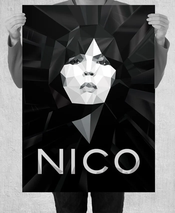 poster with the triangulation portrait of a woman's face, text NICO
