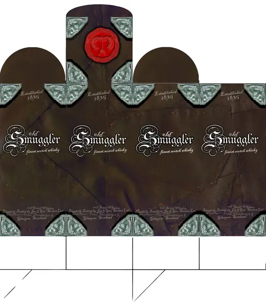 Old Smuggler Box: Flat die line of a whisky gift box in dark leather with a red wax seal