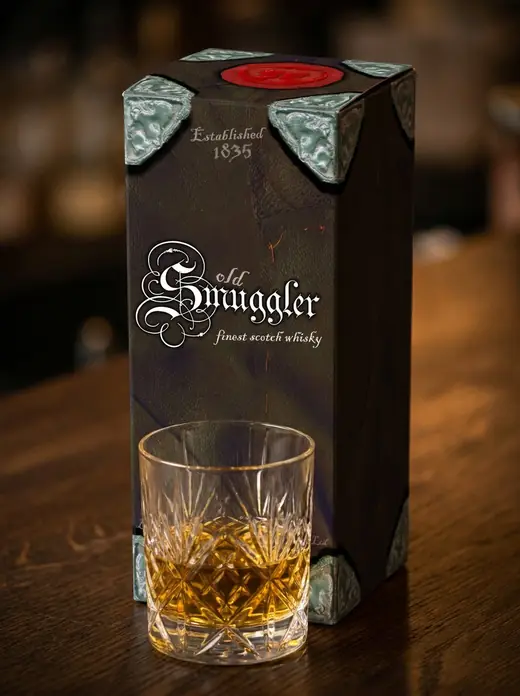 Old Smuggler Box: the folded gift box in dark leather with silver corners and a red wax seal, a glass of whisky in front, on a bar counter