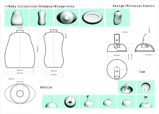 Pega Baby and Kids Collection: Technical drawing of the shampoo bottle and cap