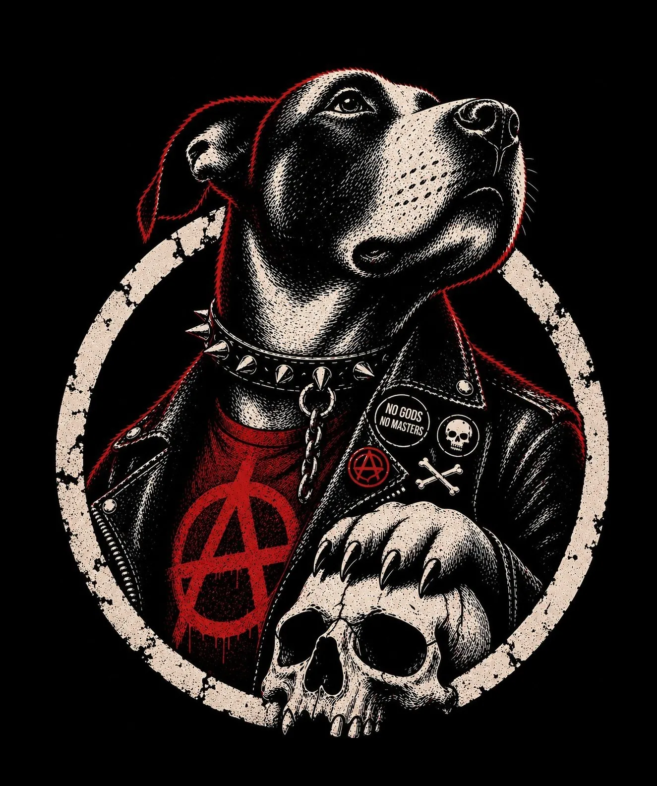 Pero Bar: the punk dog in a leather jacket and spiked collar, an anarchy A on its red shirt and a paw on a skull, on black