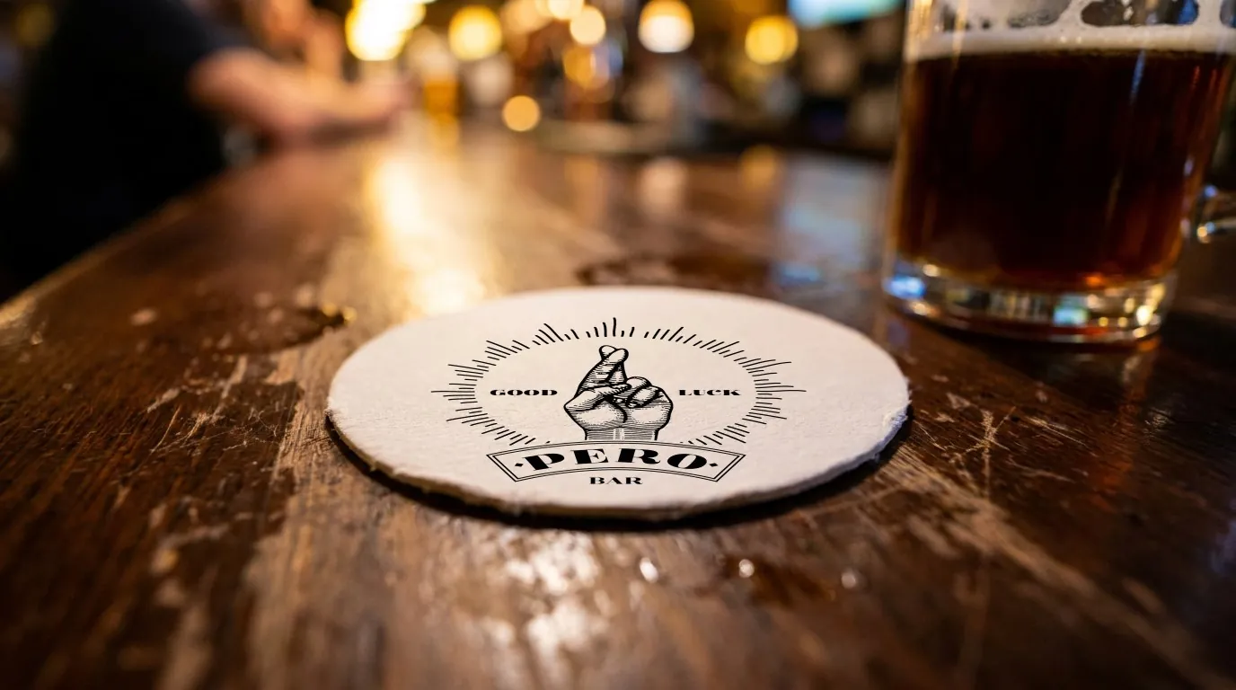 Pero Bar: the Good Luck Pero Bar logo printed on a beer coaster on the bar counter beside a pint