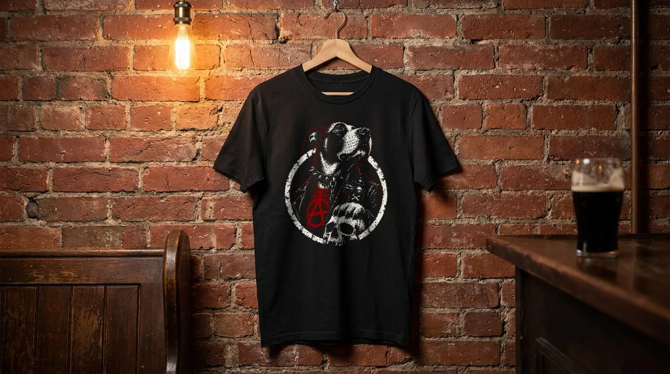 Pero Bar: the punk dog printed on a black T-shirt hanging on the brick wall of a bar