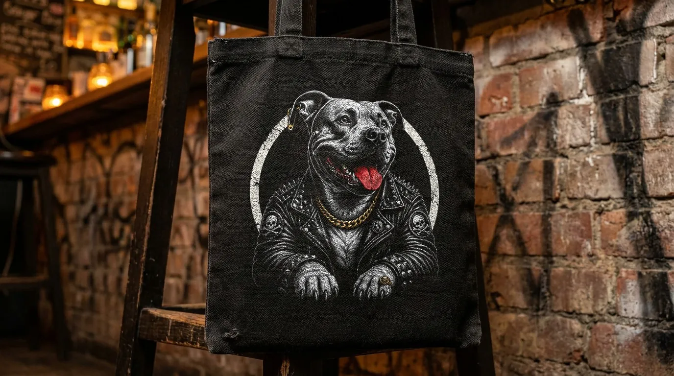 Pero Bar: a grinning punk dog in a studded leather jacket and gold chain, printed on a black canvas tote hanging from a bar stool against a brick wall
