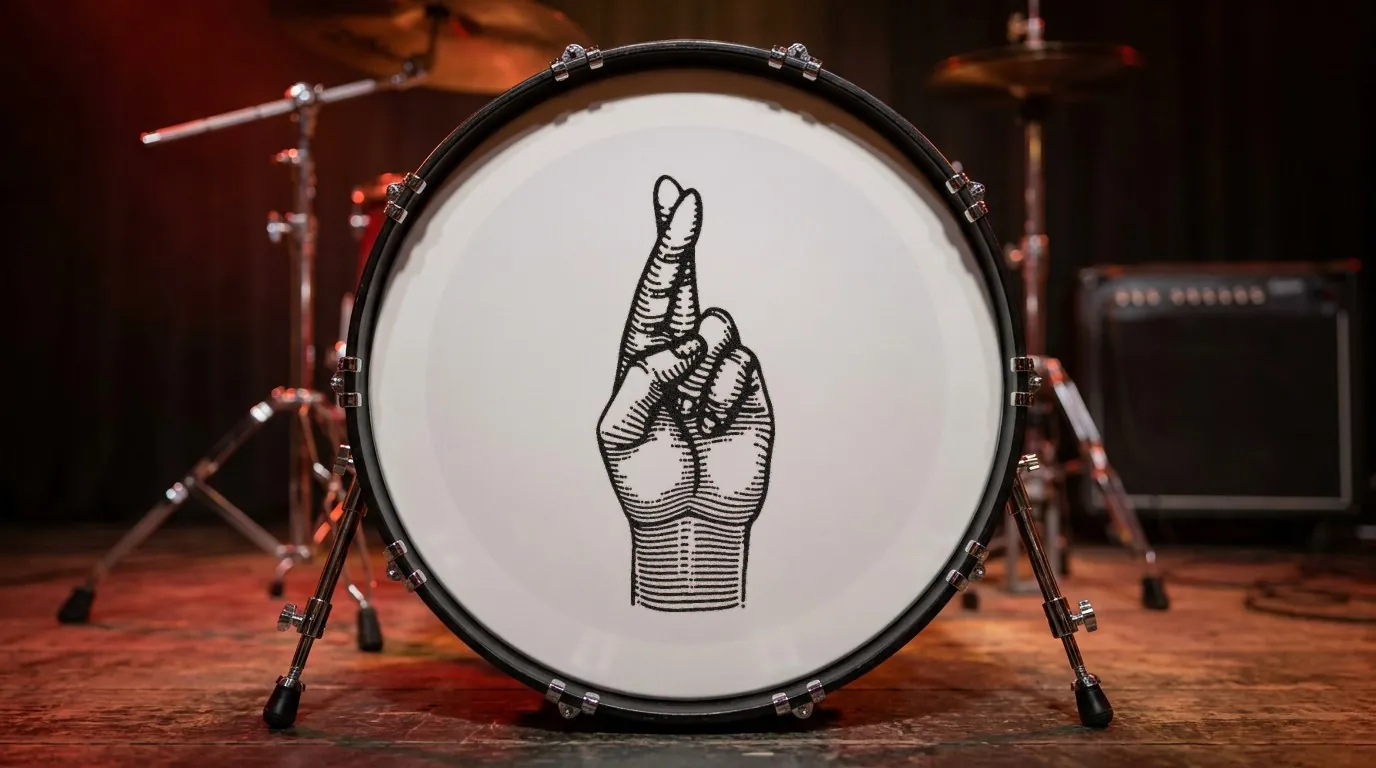 Pero Bar: the crossed fingers drawing printed in black on the white front head of the bass drum on the bar's small stage, warm red stage light behind